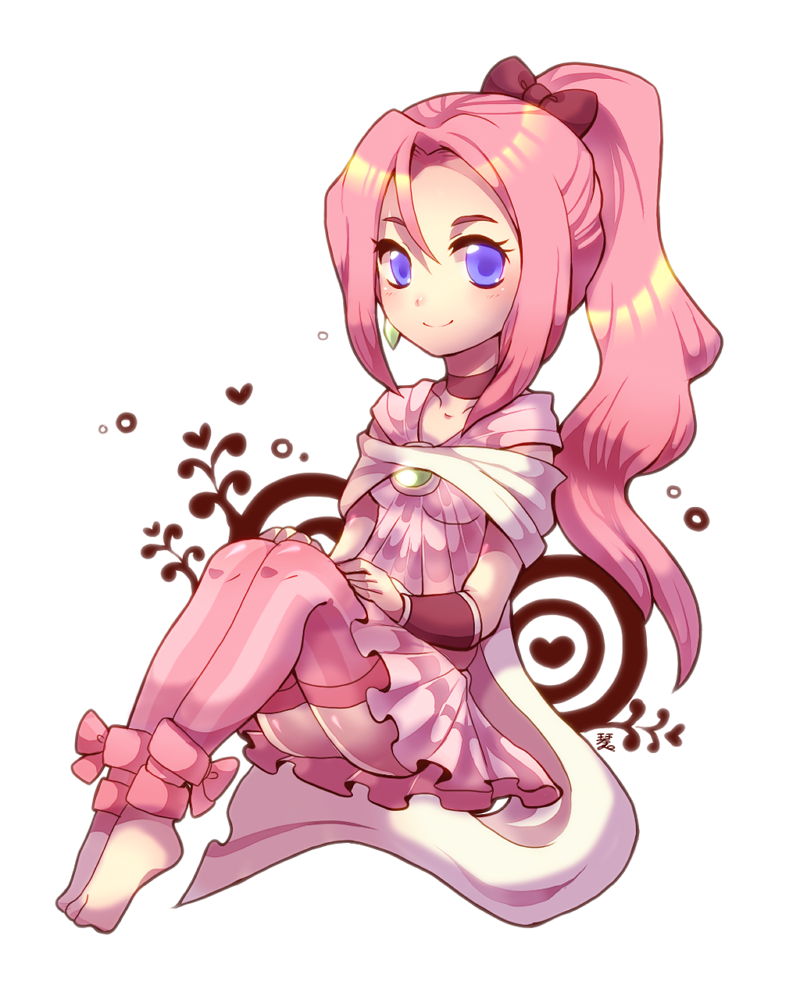 1girl blue_eyes bow choker closed_mouth collarbone earrings eyelashes final_fantasy final_fantasy_iv final_fantasy_iv:_the_after_years full_body jewelry kotorai long_hair looking_at_viewer pink_hair ponytail porom purple_thighhighs red_bow red_choker red_wristband smile solo thighhighs white_background