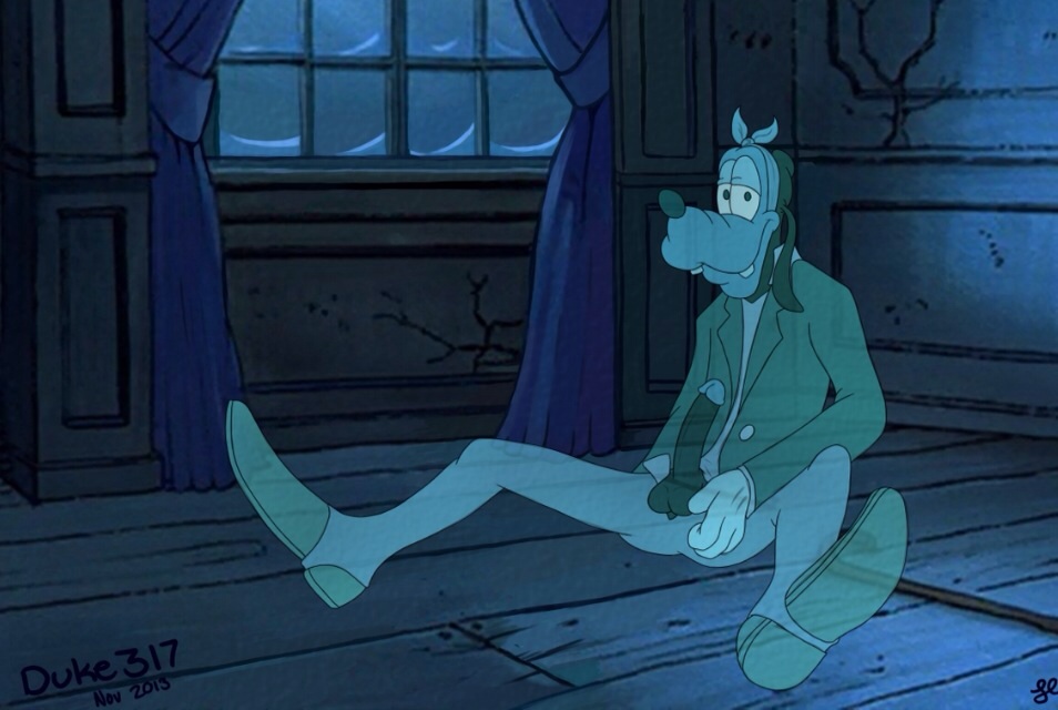 anthro canid canine canis clothing disney domestic_dog duke317 erection footwear genitals ghost goofy_(disney) looking_at_viewer male mammal penis penis_through_fly poking_out shoes smile solo spirit
