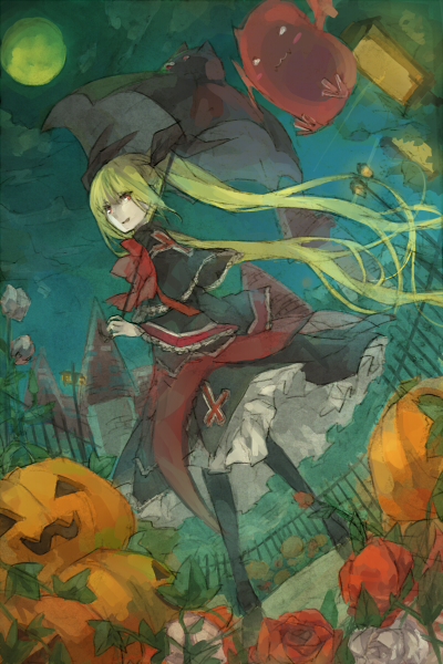 1girl bat_(animal) black_umbrella blazblue blonde_hair bow commentary_request creature dress fence flower frilled_dress frills full_moon gothic_lolita hair_ribbon holding holding_umbrella jack-o'-lantern leaf lolita_fashion long_hair looking_at_viewer moon oekaki parted_lips pumpkin rachel_alucard red_bow red_eyes red_flower red_rose ribbon rose shrie sky solo standing twintails umbrella