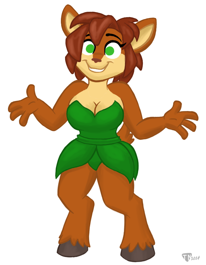 4_fingers activision anthro breasts brown_hair cleavage clothed clothing elora faun_(spyro) female fingers fur green_eyes hair hooves mammal simple_background smile solo spread_arms spyro_reignited_trilogy spyro_the_dragon tan_body tan_fur turbonacho