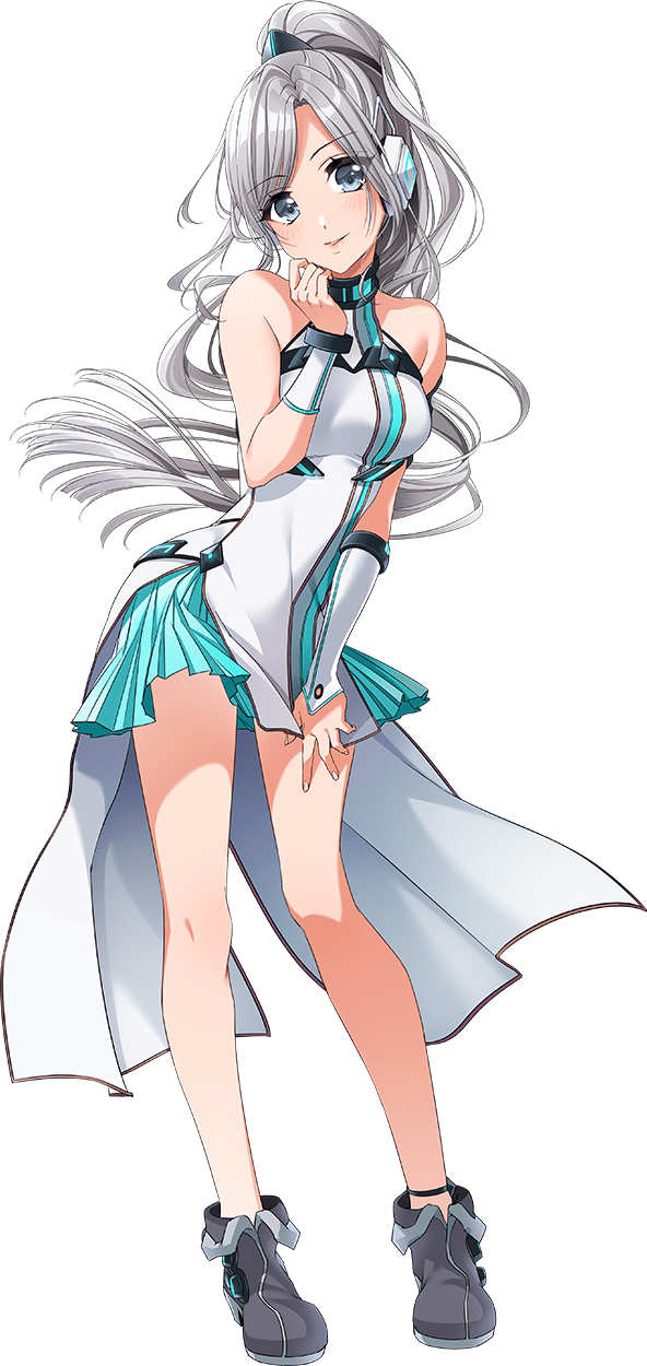 1girl aqua_dress bare_shoulders boots breasts d4dj dress full_body grey_footwear grey_hair hand_on_own_face hand_on_own_thigh hand_up headset high_heel_boots high_heels high_ponytail highres large_breasts leaning_forward light_blush light_smile long_hair looking_at_viewer niijima_ibuki official_art parted_bangs parted_lips pleated_dress sidelocks simple_background sleeveless sleeveless_dress solo standing tight_clothes tight_dress transparent_background very_long_hair white_dress