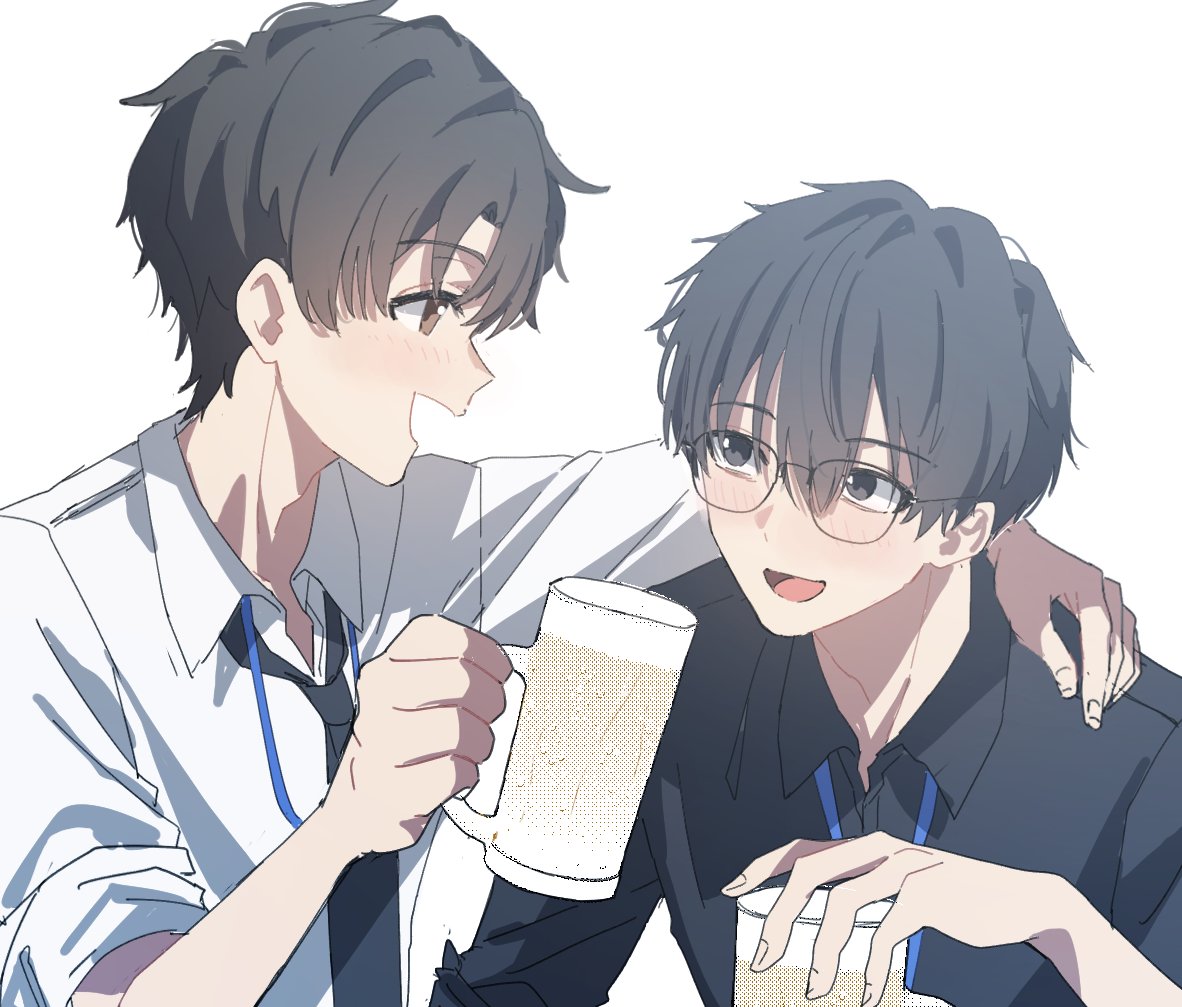 2boys beer_mug black_hair black_shirt blue_archive brown_eyes brown_hair collared_shirt cup glasses holding holding_cup id_card looking_at_another mug multiple_boys problem_solver_sensei_(blue_archive) sensei_(blue_archive) sensei_(blue_archive_the_animation) shirt sumutemu upper_body white_background white_shirt