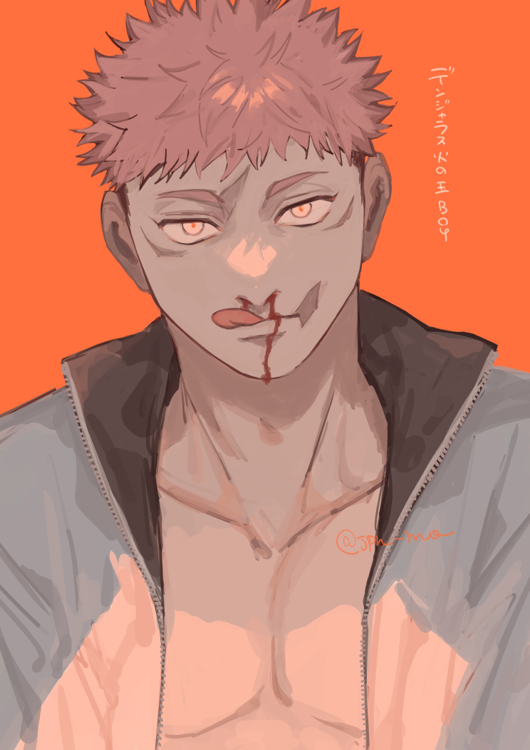 1boy blood blood_on_face ccccc_(jpn_m0) facial_mark itadori_yuuji jacket jujutsu_kaisen licking licking_lips looking_at_viewer male_focus nosebleed open_clothes open_jacket pink_hair short_hair solo tongue tongue_out translation_request twitter_username undercut upper_body white_jacket