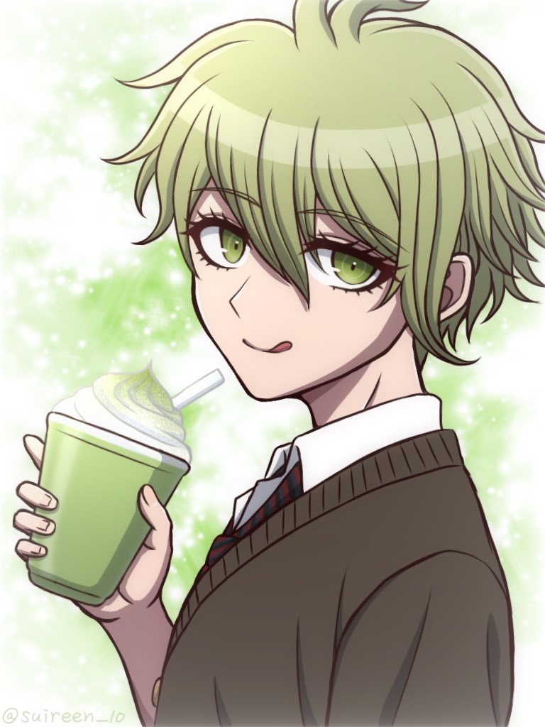 1boy :q amami_rantaro brown_sweater collared_shirt cup danganronpa_(series) danganronpa_v3:_killing_harmony food green_background green_eyes green_hair hair_between_eyes holding holding_cup looking_at_viewer looking_to_the_side male_focus necktie shirt short_hair solo striped_necktie suiren_yurei sweater tongue tongue_out upper_body white_background white_shirt