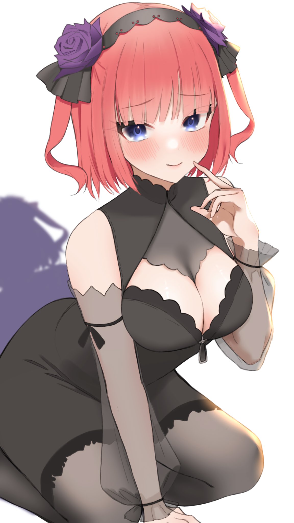 1girl bare_shoulders black_dress black_hairband black_sleeves blue_eyes blush breasts cleavage cleavage_cutout closed_mouth clothing_cutout detached_sleeves dress flower go-toubun_no_hanayome hair_flower hair_ornament hairband highres kakato_0 kneeling looking_at_viewer medium_breasts nakano_nino red_hair short_hair sleeveless sleeveless_dress solo