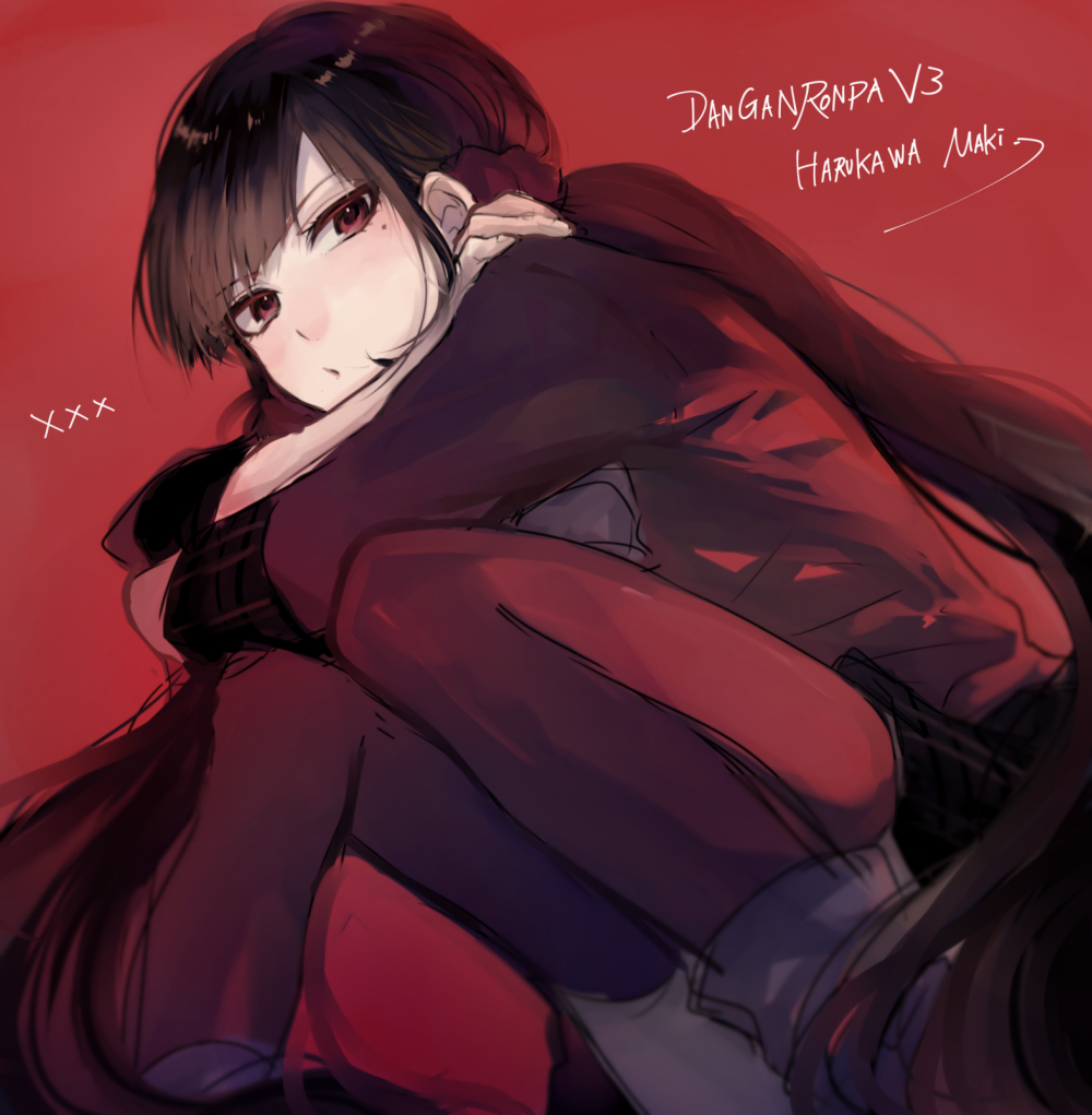 1girl 3103vv black_skirt blunt_bangs brown_hair character_name commentary_request copyright_name crossed_arms danganronpa_(series) danganronpa_v3:_killing_harmony eyelashes foot_out_of_frame harukawa_maki light_blush long_hair long_sleeves looking_at_viewer low_twintails miniskirt mole mole_under_eye parted_lips partial_commentary red_background red_eyes red_footwear red_skirt red_sleeves red_thighhighs shoes simple_background skirt sleeves_past_elbows socks solo squatting thighhighs twintails very_long_hair white_socks