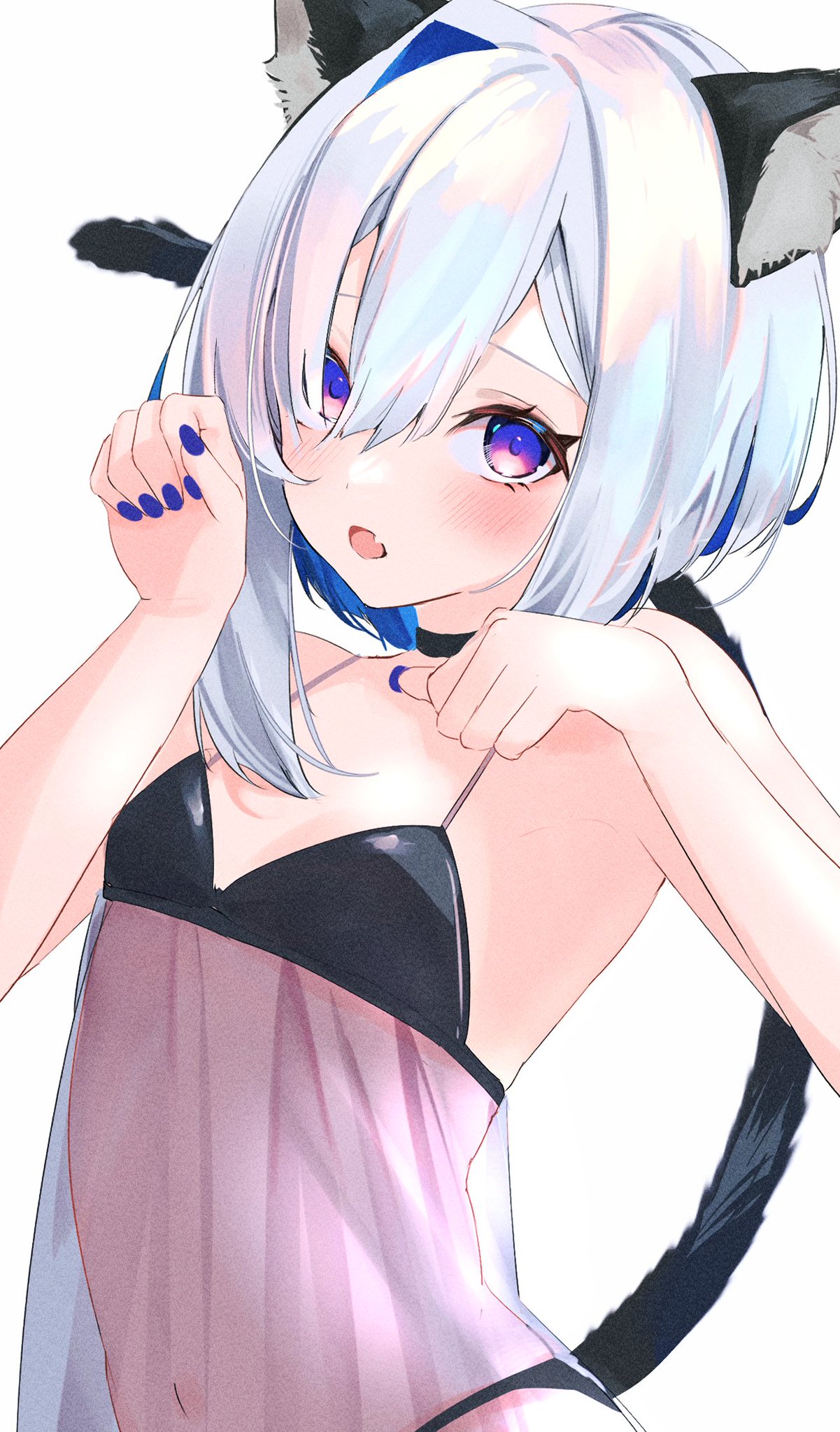 1girl alternate_costume amane_kanata animal_ears babydoll black_panties blue_nails blush cat_ears cat_tail fang flat_chest hair_over_one_eye highres hololive looking_at_viewer nail_polish navel open_mouth panties paw_pose purple_eyes see-through_babydoll short_hair simple_background skin_fang solo sui._(suikun) tail underwear upper_body virtual_youtuber white_background white_hair