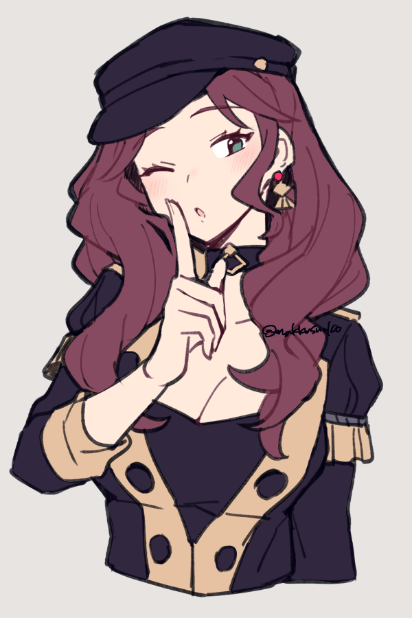 1girl :o black_hat blush breasts brown_hair cabbie_hat cleavage commentary cropped_torso do_m_kaeru dorothea_arnault earrings fire_emblem fire_emblem:_three_houses garreg_mach_monastery_uniform green_eyes grey_background hat index_finger_raised jewelry large_breasts long_hair looking_at_viewer one_eye_closed simple_background solo