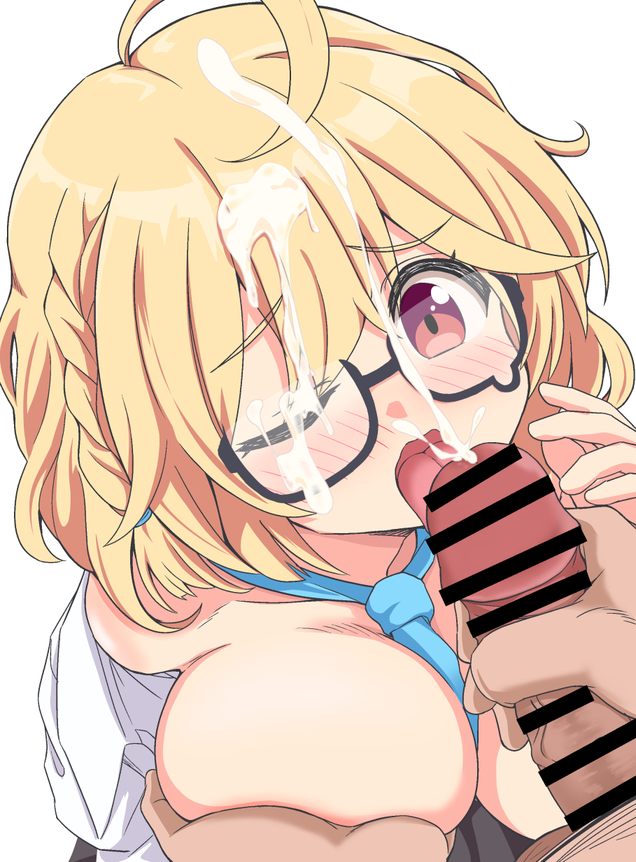 1boy 1girl ahoge blonde_hair blue_archive breasts cum cum_on_eyewear facial glasses grabbing grabbing_another's_breast highres kotori_(blue_archive) large_breasts necktie pc_fworks penis red_eyes short_hair simple_background tongue tongue_out white_background