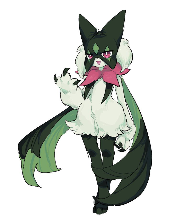 1other animal_feet animal_hands animal_nose arm_at_side body_fur bright_pupils claws commentary crossed_legs full_body furry green_fur green_hair hand_up happy looking_at_viewer meowscarada open_mouth other_focus pokemon pokemon_(creature) red_eyes short_hair simple_background smile sok_(mr14_c) solo standing two-tone_fur white_background white_pupils wide_hips