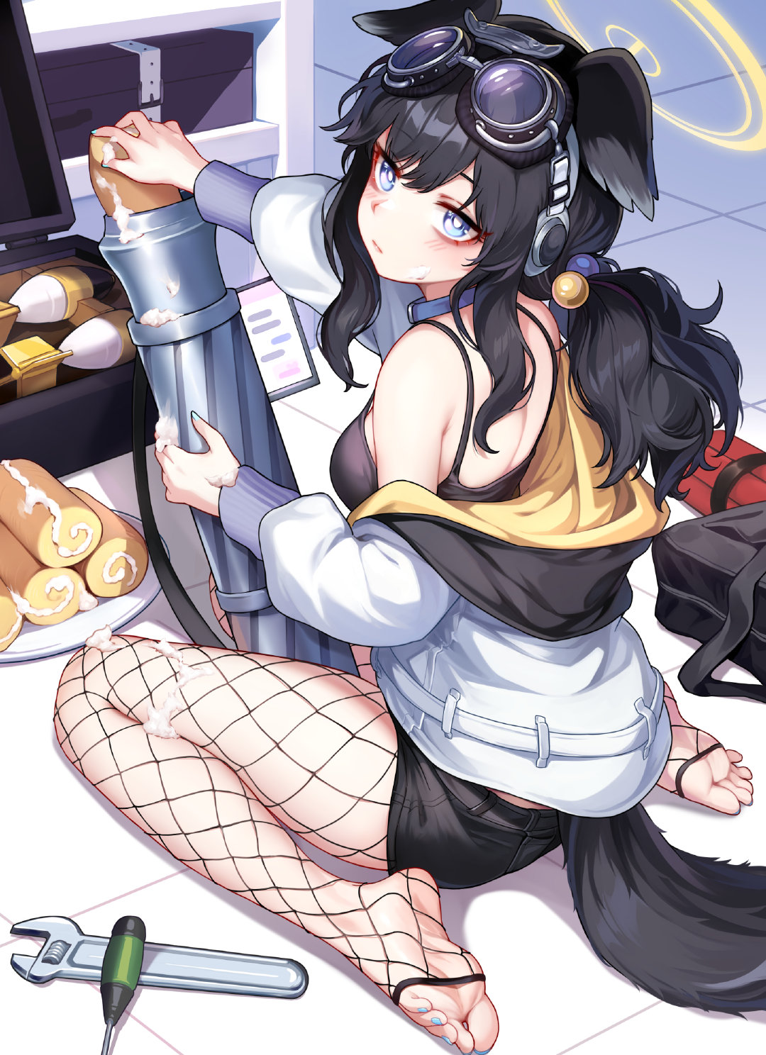 1girl ammunition animal_ears bare_shoulders black_hair black_shorts blue_archive blue_eyes blue_nails blush breasts cake camisole closed_mouth dog_ears dog_girl dog_tail eyewear_on_head feet fishnet_pantyhose fishnets food food_on_body goggles goggles_on_head halo hibiki_(blue_archive) highres holding holding_food hood hooded_jacket jacket long_hair long_sleeves looking_at_viewer looking_back medium_breasts mortar_(weapon) mortar_shell no_shoes off_shoulder open_clothes open_jacket pantyhose screwdriver shorts sitting solo swiss_roll tail taotao twintails wariza wrench