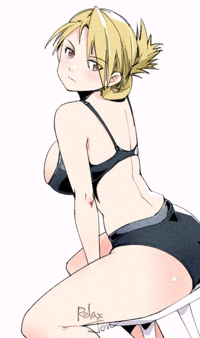 1girl alternate_costume artist_name ass asymmetrical_bangs asymmetrical_hair back between_legs black_bra black_panties blonde_hair blush bra breasts closed_mouth commentary english_commentary expressionless folded_ponytail from_side fullmetal_alchemist hand_between_legs looking_at_viewer looking_back medium_breasts panties relaxjon riza_hawkeye short_hair signature simple_background sitting solo stool underwear underwear_only white_background yellow_eyes