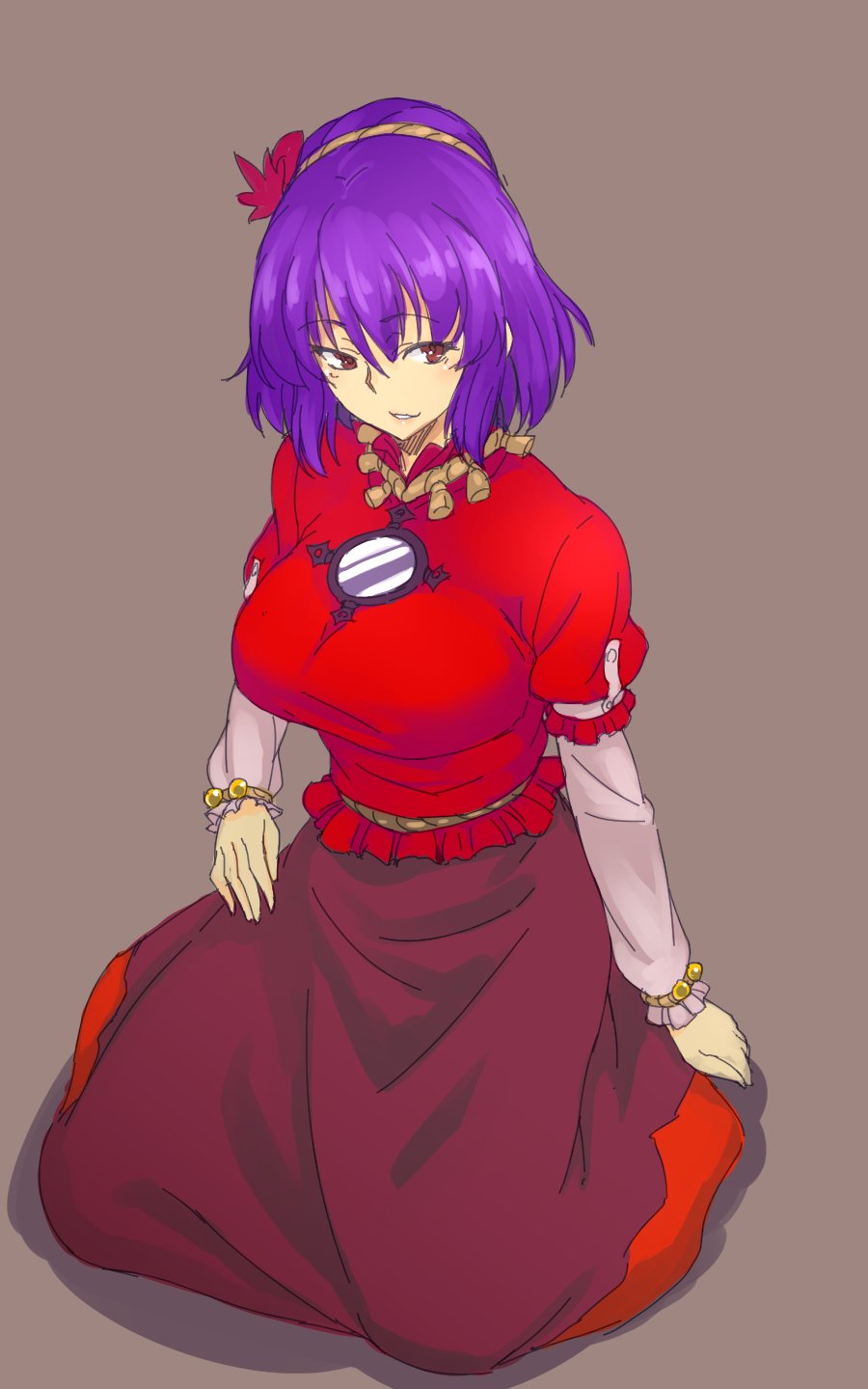 1girl black_skirt breasts commentary_request full_body grey_background hair_ornament highres kakone large_breasts layered_sleeves leaf_hair_ornament long_sleeves looking_at_viewer mirror one-hour_drawing_challenge open_mouth purple_hair red_eyes red_shirt shirt short_hair short_over_long_sleeves short_sleeves simple_background sitting skirt solo touhou yasaka_kanako