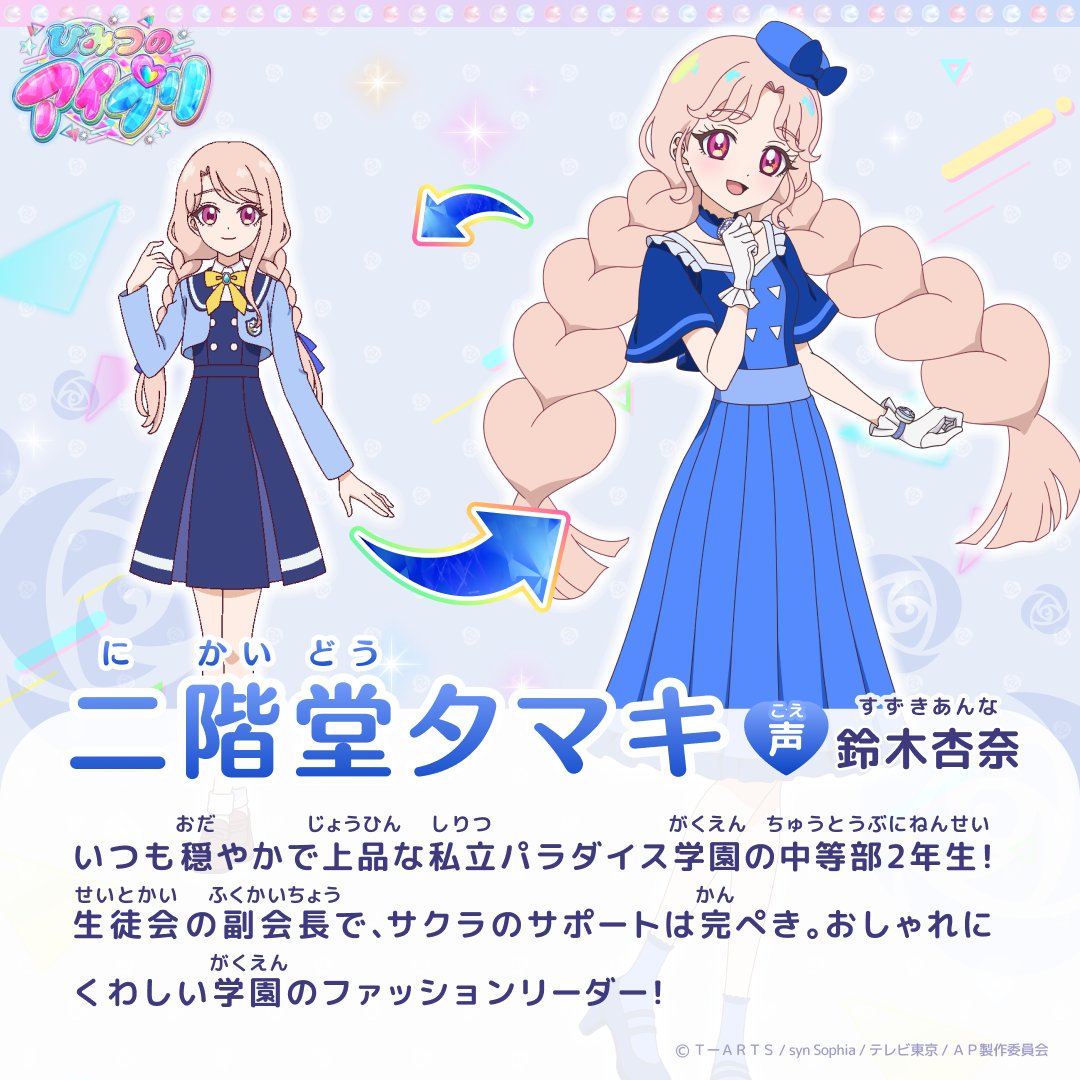 2girls :d arrow_(symbol) blonde_hair blue_bow blue_choker blue_dress blue_hat bow braid character_name character_profile choker commentary_request copyright_name dress dual_persona gloves hand_up hat himitsu_no_aipri long_hair looking_at_viewer mini_hat multiple_girls neck_ribbon nikaidou_tamaki official_art open_mouth parted_bangs pretty_series ribbon second-party_source smile standing translation_request twin_braids very_long_hair white_gloves yellow_ribbon