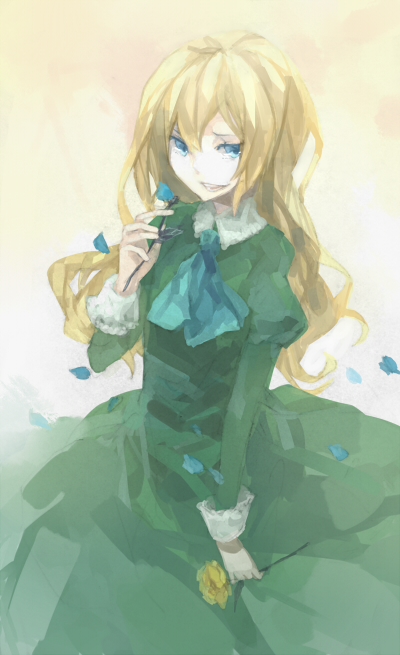1girl blonde_hair blue_eyes blue_flower blue_neckerchief blue_rose commentary_request dress falling_petals flower gradient_background green_dress grin hand_up holding holding_flower ib juliet_sleeves long_hair long_sleeves looking_at_viewer mary_(ib) neckerchief open_mouth petals puffy_sleeves rose shrie smile solo teeth two-tone_background white_background yellow_background yellow_flower yellow_rose