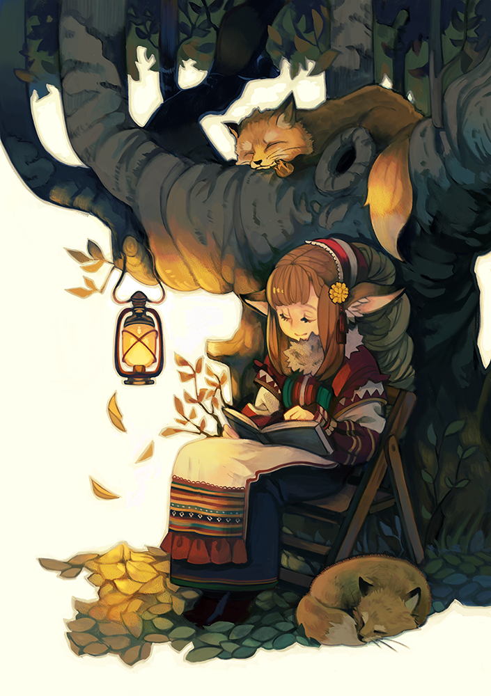 1girl animal autumn autumn_leaves black_footwear book brown_hair commentary_request curled_up fox full_body hair_ornament lantern leaf long_hair long_skirt long_sleeves natsumika original outdoors plant pointy_ears reading sidelocks sitting skirt sleeping smile solo sweater tree wooden_chair