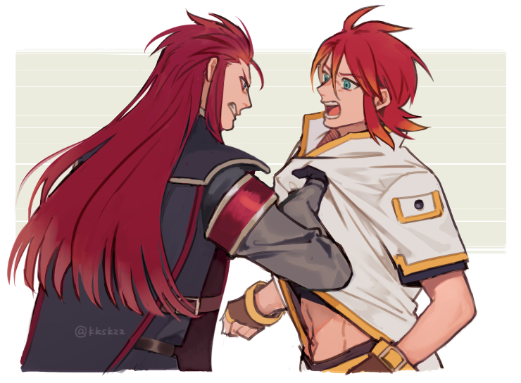 2boys angry asch_(tales) black_cape blue_eyes brown_gloves cape clenched_teeth clothes_pull coat commentary_request gloves gold_trim grey_background long_hair luke_fon_fabre male_focus medium_hair meiji_(pecosyr5) multiple_boys open_mouth pulling_another's_clothes red_hair shirt_grab tales_of_(series) tales_of_the_abyss teeth two-tone_background upper_body v-shaped_eyebrows white_background white_coat