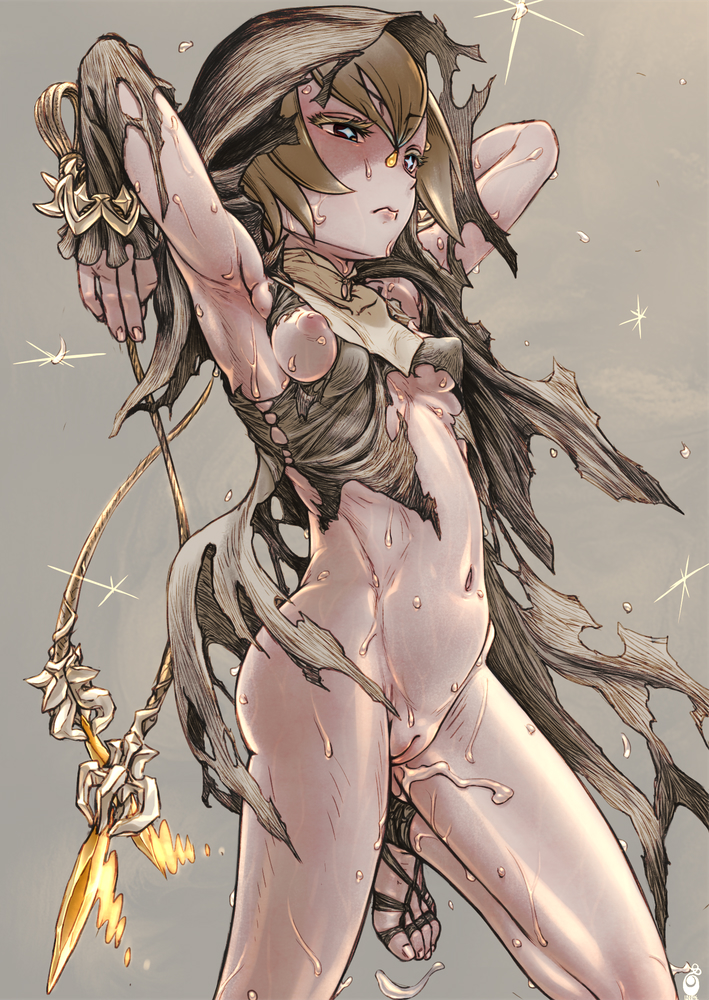 arms_up blonde_hair breast_slip breasts covered_nipples cross-shaped_pupils dress grey_background hood musen-shiki_sanhankikan narrowed_eyes navel nipple_slip nipples nude original pussy rope short_hair simple_background small_breasts sweat symbol-shaped_pupils torn_clothes torn_dress weapon