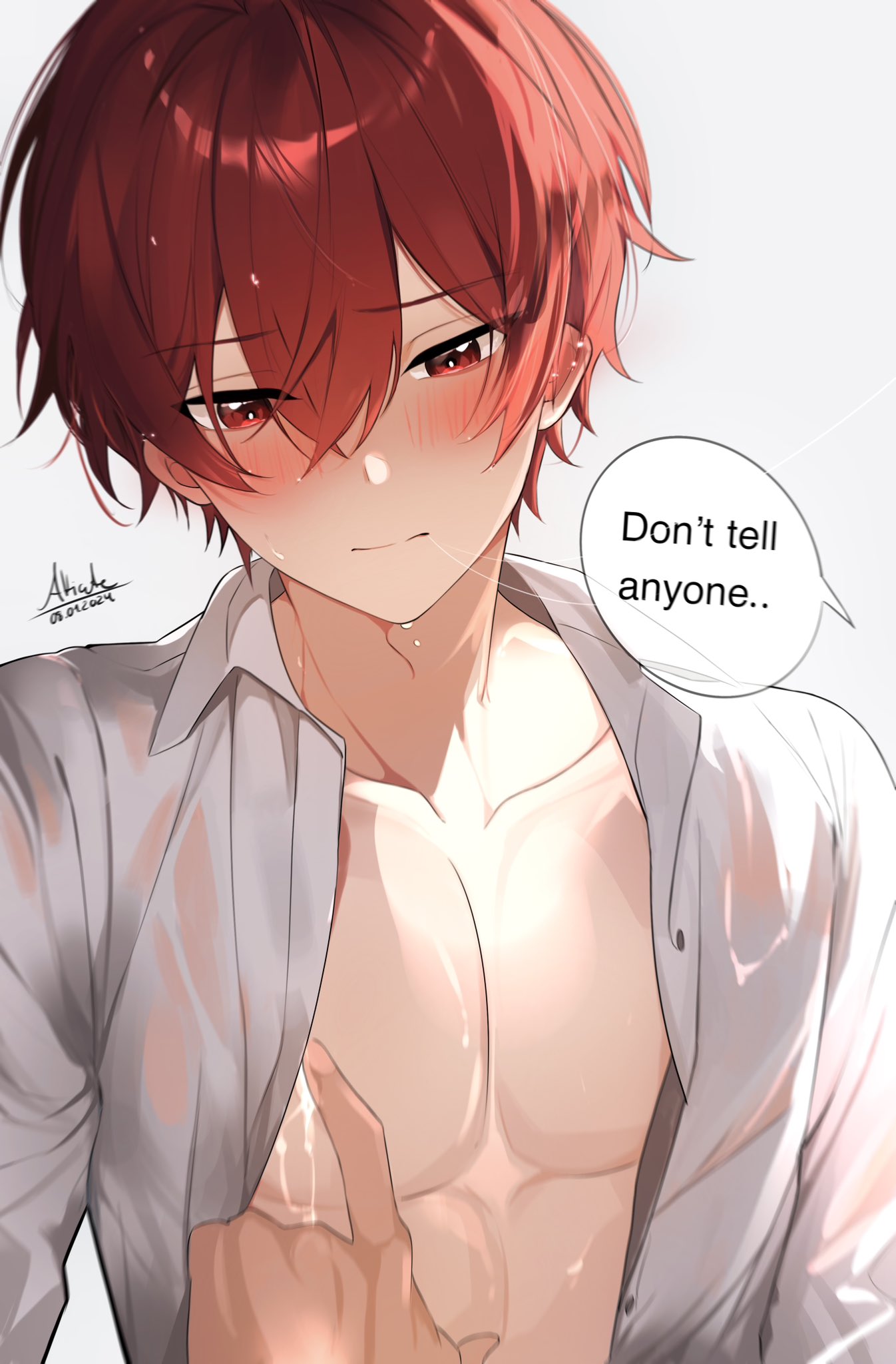2boys abs alticute alticute_(vtuber) blush closed_mouth english_text hair_between_eyes highres indie_virtual_youtuber male_focus multiple_boys muscular muscular_male open_clothes open_shirt red_eyes red_hair short_hair speech_bubble wet yaoi
