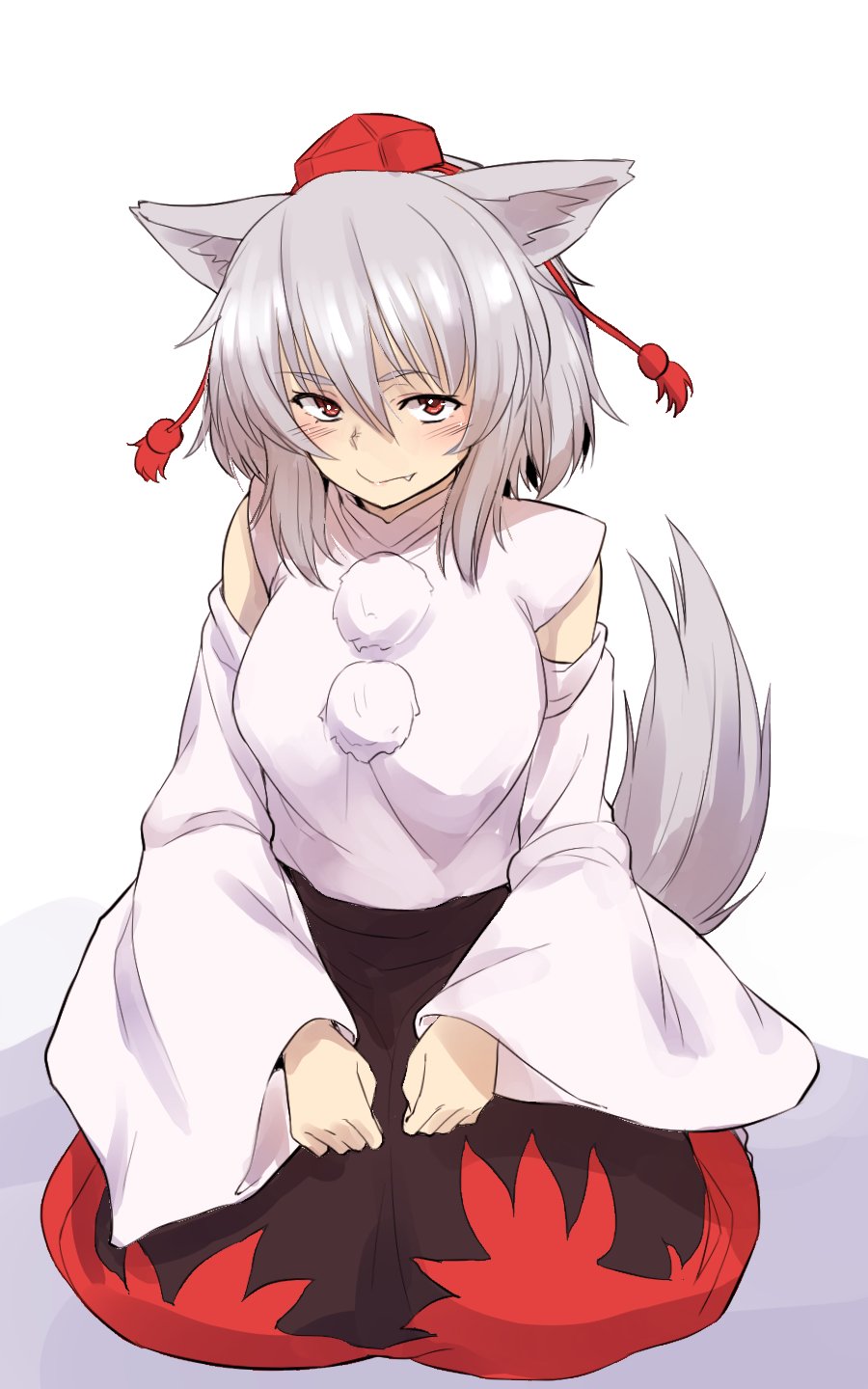 1girl animal_ears black_skirt blush breasts closed_mouth commentary detached_sleeves fang full_body grey_hair hat highres inubashiri_momiji kakone large_breasts looking_at_viewer one-hour_drawing_challenge pom_pom_(clothes) red_eyes red_skirt shirt short_hair simple_background skirt smile solo tail tokin_hat touhou two-tone_skirt white_background white_shirt wide_sleeves wolf_ears wolf_girl wolf_tail