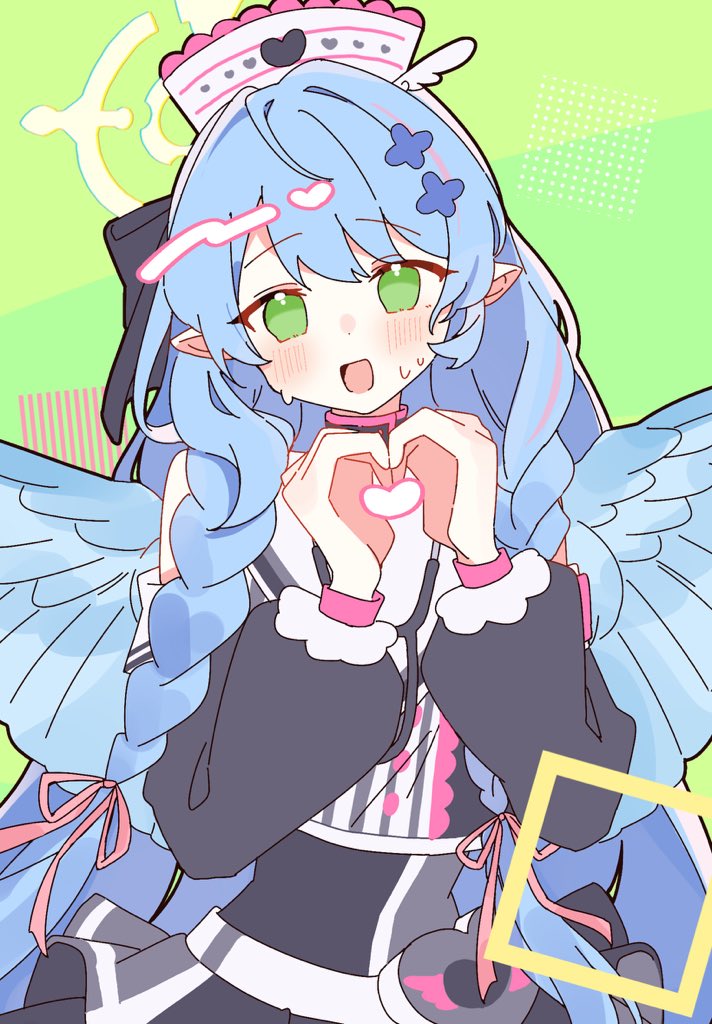 1girl blue_archive blue_hair blue_wings blush braid dress green_eyes halo hat heart heart_hands long_hair mine_(blue_archive) nurse_cap pointy_ears rco_as stethoscope sweat twin_braids wings