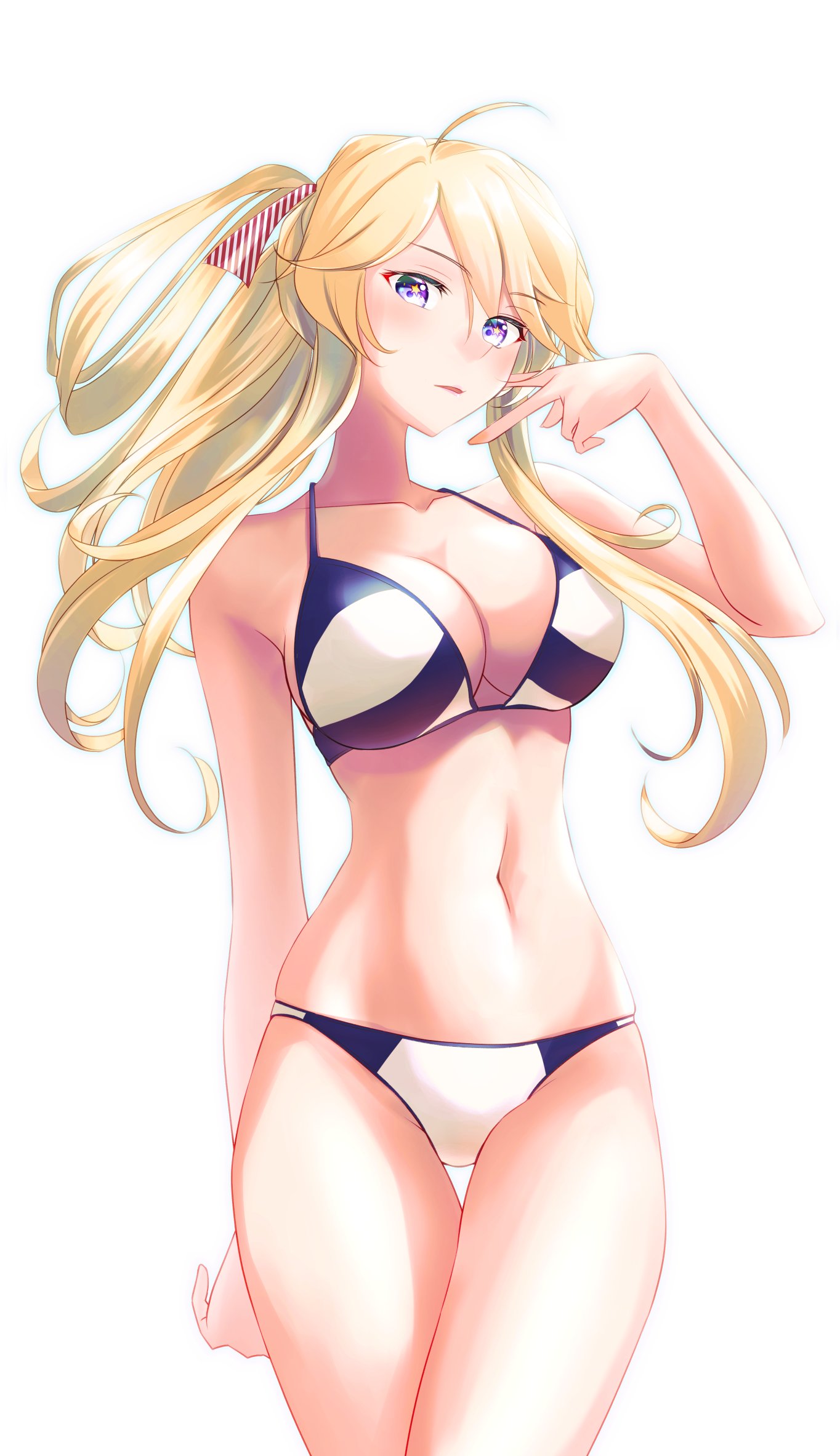 1girl adapted_costume ahoge bikini blonde_hair blue_eyes breasts cleavage commentary_request cowboy_shot highres iowa_(kancolle) kantai_collection large_breasts long_hair navel one-hour_drawing_challenge ponytail simple_background solo star-shaped_pupils star_(symbol) swimsuit symbol-shaped_pupils thigh_gap tsukasa_(tukasa_br) two-tone_bikini white_background