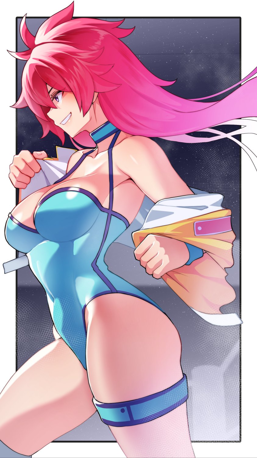 1girl aqua_choker blue_leotard border breasts cleavage cowboy_shot highres jacket kupala leotard leotard_under_clothes long_hair medium_breasts mighty_yukiko pink_hair purple_eyes short_sleeves smile solo undressing white_border wrestle_angels wrestle_angels_survivor wrestle_angels_survivor_2 wrestler wrestling_outfit wrestling_ring wristband yellow_jacket