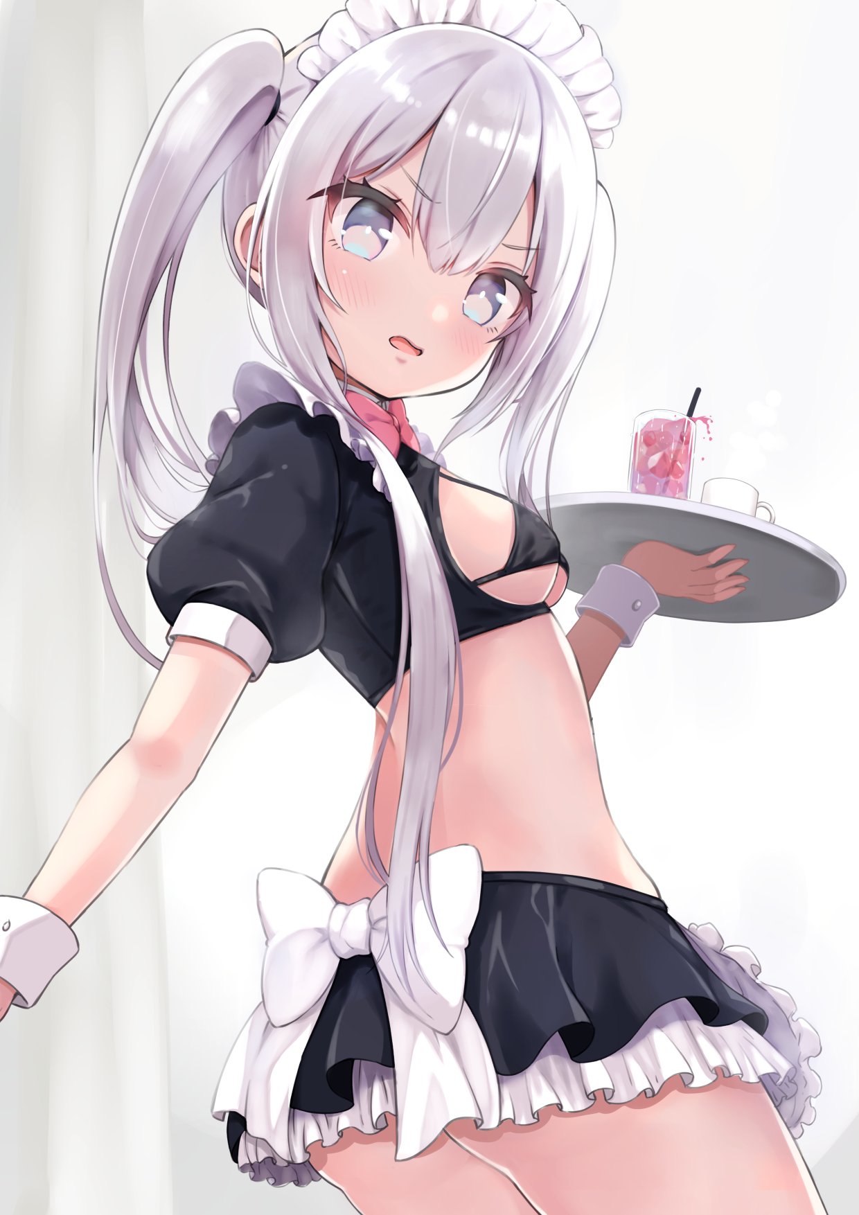 1girl apron bikini black_bikini bow bowtie breasts character_request cup drink frilled_skirt frills grey_hair highres holding holding_tray juliet_sleeves long_sleeves maid maid_bikini maid_headdress miniskirt puffy_sleeves shrug_(clothing) siragagaga skirt solo swimsuit tray two_side_up unconventional_maid waist_apron white_apron wrist_cuffs