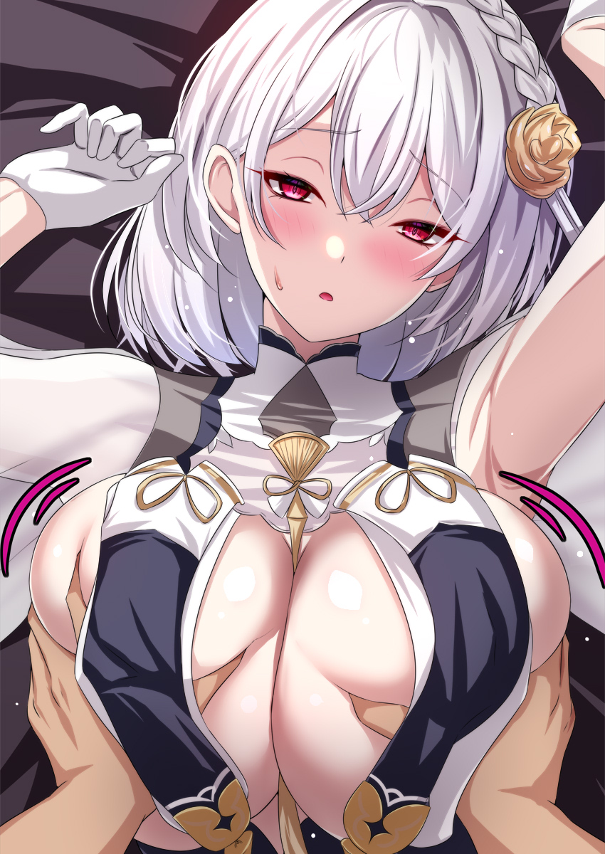 1boy 1girl akeyama_kitsune azur_lane blush breasts cleavage gloves grabbing grabbing_another's_breast hair_between_eyes hetero highres large_breasts looking_at_viewer open_mouth pov pov_hands red_eyes short_hair sirius_(azur_lane) sirius_(azure_horizons)_(azur_lane) solo_focus white_gloves white_hair