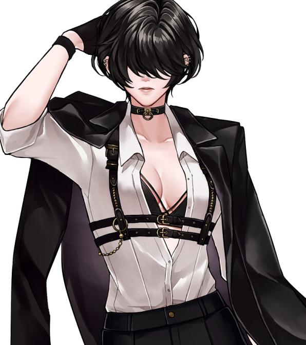 1girl arm_up black_bra black_choker black_gloves black_hair black_jacket black_pants bra breasts buttons choker collared_shirt ear_piercing formal gloves hair_over_eyes jacket jacket_on_shoulders lips mamaloni medium_breasts original pants partially_unbuttoned piercing shirt shirt_tucked_in short_hair simple_background sleeves_rolled_up solo strap suit_jacket underwear white_background white_shirt