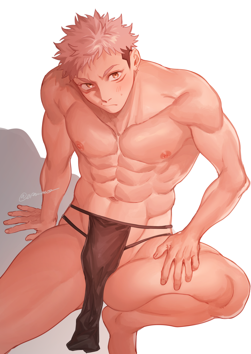 1boy abs bara black_fundoshi blush brown_eyes bulge ccccc_(jpn_m0) closed_mouth facial_mark fundoshi hand_on_own_thigh highres itadori_yuuji japanese_clothes jujutsu_kaisen large_pectorals looking_at_viewer male_focus muscular muscular_male navel nipples pectorals pink_hair short_hair solo squatting thick_thighs thighs topless_male twitter_username undercut white_background