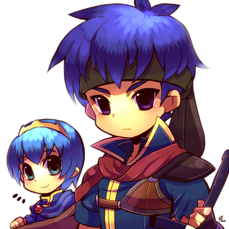 2boys black_headband blue_hair blue_shirt cape closed_mouth fire_emblem fire_emblem:_path_of_radiance grey_eyes headband holding holding_sword holding_weapon ike_(fire_emblem) kotorai looking_at_viewer male_focus marth_(fire_emblem) multiple_boys purple_eyes red_cape shirt short_hair signature simple_background smile sword weapon white_background
