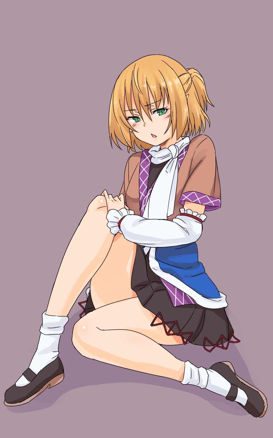 1girl arm_warmers black_footwear black_skirt blonde_hair commentary green_eyes grey_background half_updo highres kakone knee_up legs looking_at_viewer mizuhashi_parsee multicolored_clothes one-hour_drawing_challenge open_mouth scarf short_sleeves simple_background skirt socks solo touhou white_scarf white_socks