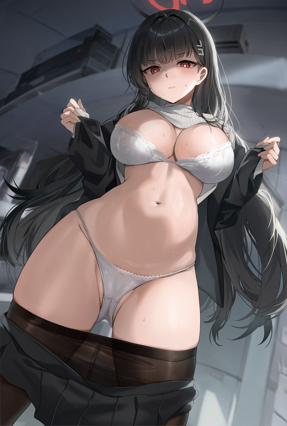 1girl black_hair black_jacket black_pantyhose black_skirt blue_archive blush bra breasts bright_pupils closed_mouth clothes_lift clothes_pull from_below gijang hair_ornament halo highres jacket large_breasts long_hair long_sleeves navel open_clothes open_jacket panties pantyhose pantyhose_pull red_eyes rio_(blue_archive) shirt_down skirt solo standing stomach sweater sweater_lift underwear white_bra white_panties white_pupils white_sweater