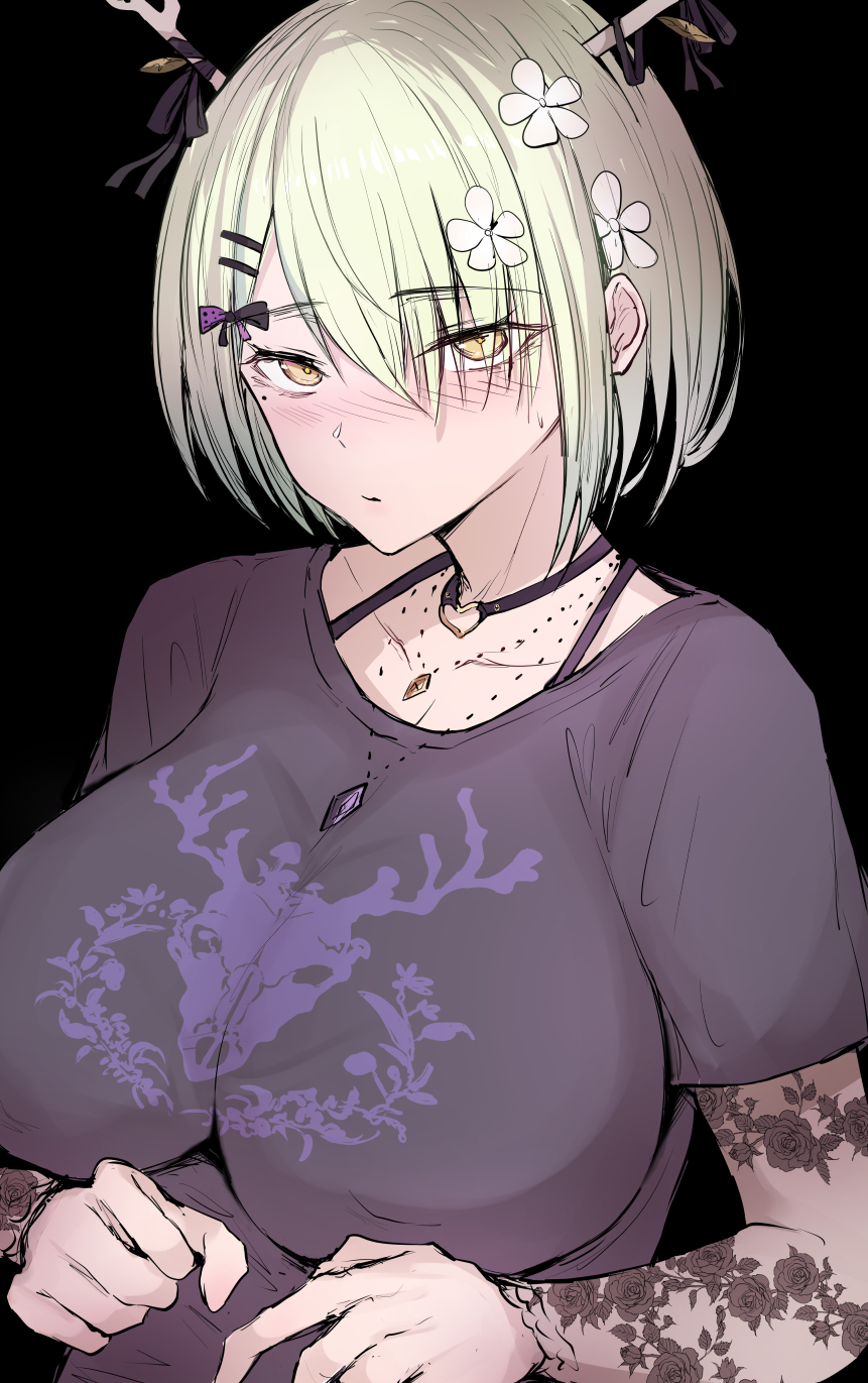 1girl antlers black_background black_choker black_shirt blush breasts ceres_fauna ceres_fauna_(goth) choker detached_sleeves flower green_hair hair_flower hair_ornament hairpin heart heart_choker heart_o-ring highres hololive hololive_english horns large_breasts looking_at_viewer mole mole_under_eye o-ring o-ring_choker official_alternate_costume sak1_01 see-through see-through_sleeves shirt short_hair solo virtual_youtuber yellow_eyes