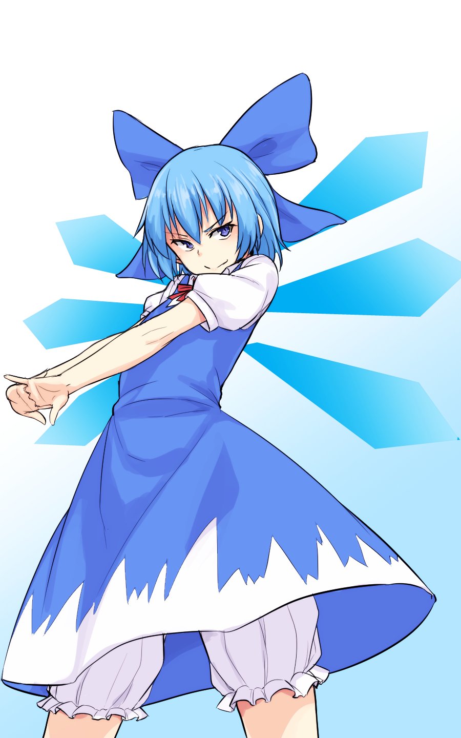 1girl bloomers blue_background blue_bow blue_dress blue_eyes blue_hair bow cirno closed_mouth commentary dress gradient_background hair_bow highres kakone looking_at_viewer one-hour_drawing_challenge outstretched_arms own_hands_together short_hair short_sleeves smile solo touhou