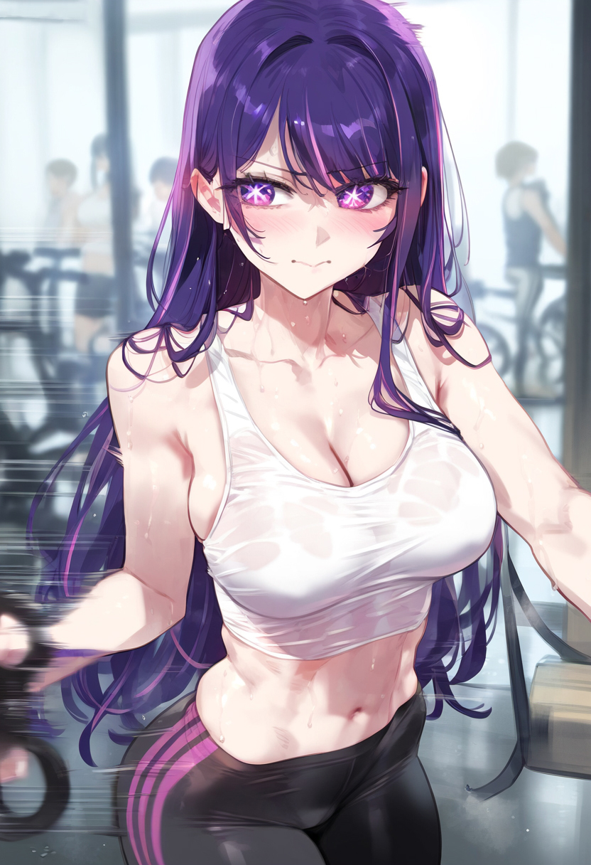 1girl ai-generated curvy gym half-closed_eyes highres hoshino_ai_(oshi_no_ko) light_smile nai_diffusion narrow_waist naughty_face notice notice_lines oshi_no_ko photoshop_(medium) pov purple_eyes purple_hair seductive_smile skindentation smile solo solo_focus stable_diffusion standing steam steaming_body sweat sweatdrop third-party_edit workout_clothes