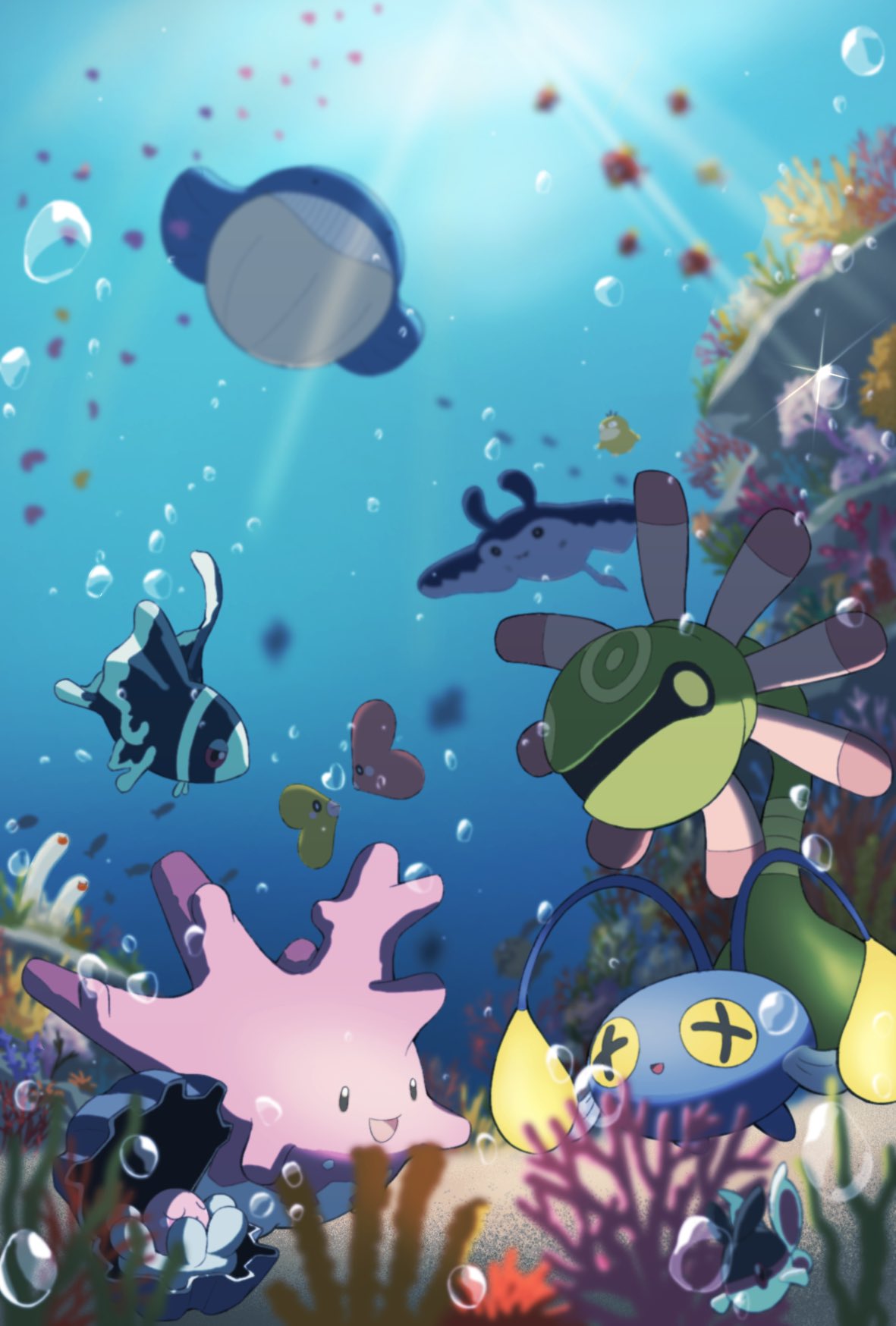 :d alternate_color antennae blue_skin blurry blurry_background bubble chinchou clamperl colored_skin commentary_request coral corsola cradily cross-shaped_pupils finneon fish glint highres lumineon luvdisc magikarp mantine mri_361 no_humans open_mouth pink_skin pokemon pokemon_(creature) psyduck shiny_pokemon smile sunlight symbol-shaped_pupils underwater wailmer wiglett yellow_eyes