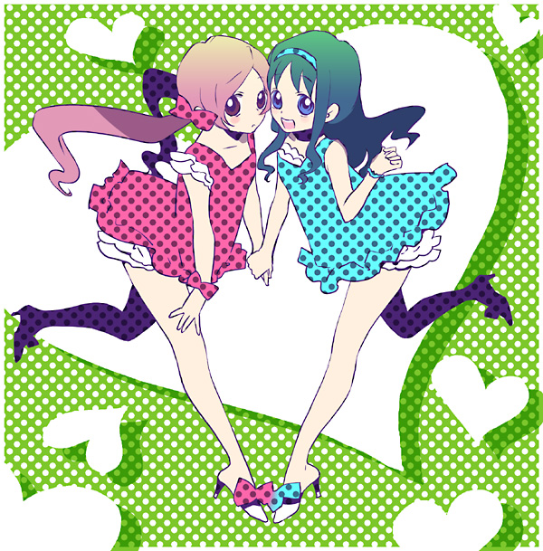 2girls alternate_costume bare_legs blue_bow blue_bracelet blue_dress blue_eyes blue_hair bow closed_mouth collarbone commentary_request dress footwear_bow frilled_dress frills full_body green_background hair_bow hanasaki_tsubomi heads_together heart heart_background heartcatch_precure! high_heels holding_hands kasaki_takao kurumi_erika leg_up light_blush light_frown long_hair looking_at_viewer low_twintails multiple_girls open_mouth partial_commentary petticoat pink_bow pink_dress pink_eyes pink_hair pink_scrunchie polka_dot polka_dot_background polka_dot_bow polka_dot_dress polka_dot_scrunchie precure scrunchie shadow simple_background sleeveless sleeveless_dress smile teeth twintails upper_teeth_only wavy_hair white_footwear wrist_scrunchie