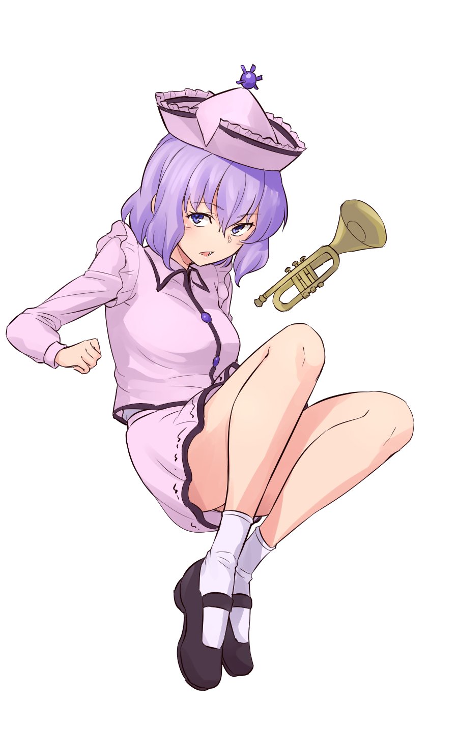 1girl black_footwear commentary frilled_hat frills full_body hat highres instrument kakone looking_at_viewer merlin_prismriver one-hour_drawing_challenge open_mouth pink_shirt pink_skirt purple_eyes purple_hair shirt simple_background skirt socks solo touhou trumpet white_background white_socks