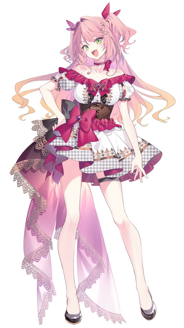 bare_shoulders blush bow breasts choker collarbone commentary curly_hair dress dress_bow dress_shoes full_body gradient_hair green_eyes hand_on_own_hip high_heels hikikomari_kyuuketsuki_no_monmon large_bow long_hair looking_at_viewer medium_breasts multicolored_hair nelia_cunningham off-shoulder_dress off_shoulder open_mouth orange_hair pink_choker pink_hair riichu short_dress simple_background smile teeth thigh_strap two_side_up upper_teeth_only wavy_hair white_background