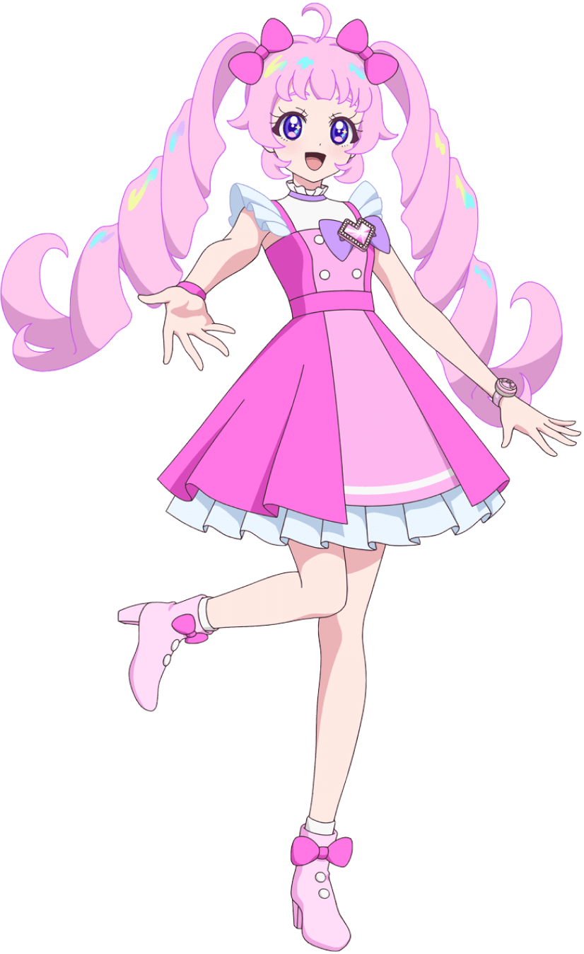 1girl :d ahoge aozora_himari boots bow dress drill_hair full_body hair_bow high_heel_boots high_heels highres himitsu_no_aipri looking_at_viewer official_art open_mouth pink_bow pink_dress pink_footwear pink_hair pretty_series purple_bow purple_eyes reaching reaching_towards_viewer second-party_source smile solo standing standing_on_one_leg twin_drills twintails watch wristwatch