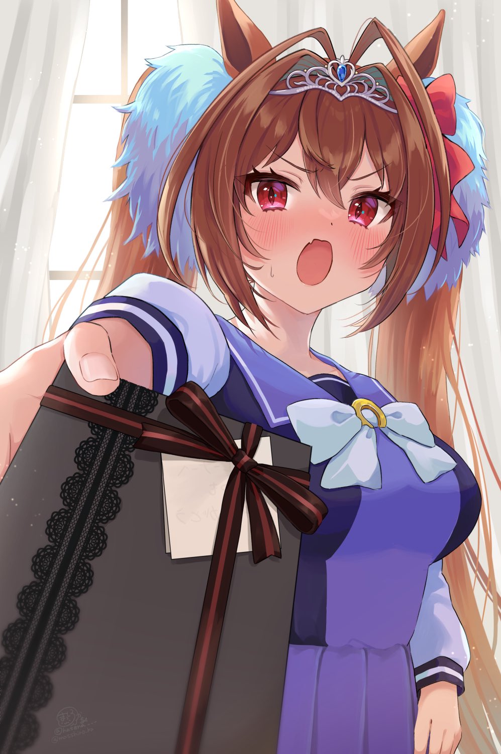 1girl animal_ears antenna_hair blush bow box branch breasts brown_hair commentary_request daiwa_scarlet_(umamusume) fang gift gift_box hair_between_eyes hair_bow hair_intakes highres holding holding_gift horse_ears incoming_gift long_hair long_sleeves looking_at_viewer masshirokachi medium_breasts open_mouth pleated_skirt purple_shirt purple_skirt red_bow red_eyes school_uniform shirt skirt snow solo sweat tiara tracen_school_uniform twintails umamusume v-shaped_eyebrows valentine very_long_hair white_bow window
