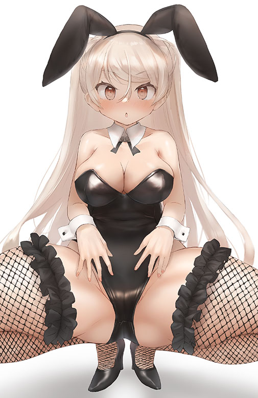 1girl animal_ears black_footwear blue_leotard blush breasts brown_eyes cleavage conte_di_cavour_(kancolle) detached_collar fake_animal_ears fishnet_thighhighs fishnets high_heels kantai_collection large_breasts leotard light_brown_hair long_hair looking_at_viewer parted_lips rabbit_ears simple_background solo strapless strapless_leotard thighhighs toka_(marchlizard) white_background wrist_cuffs