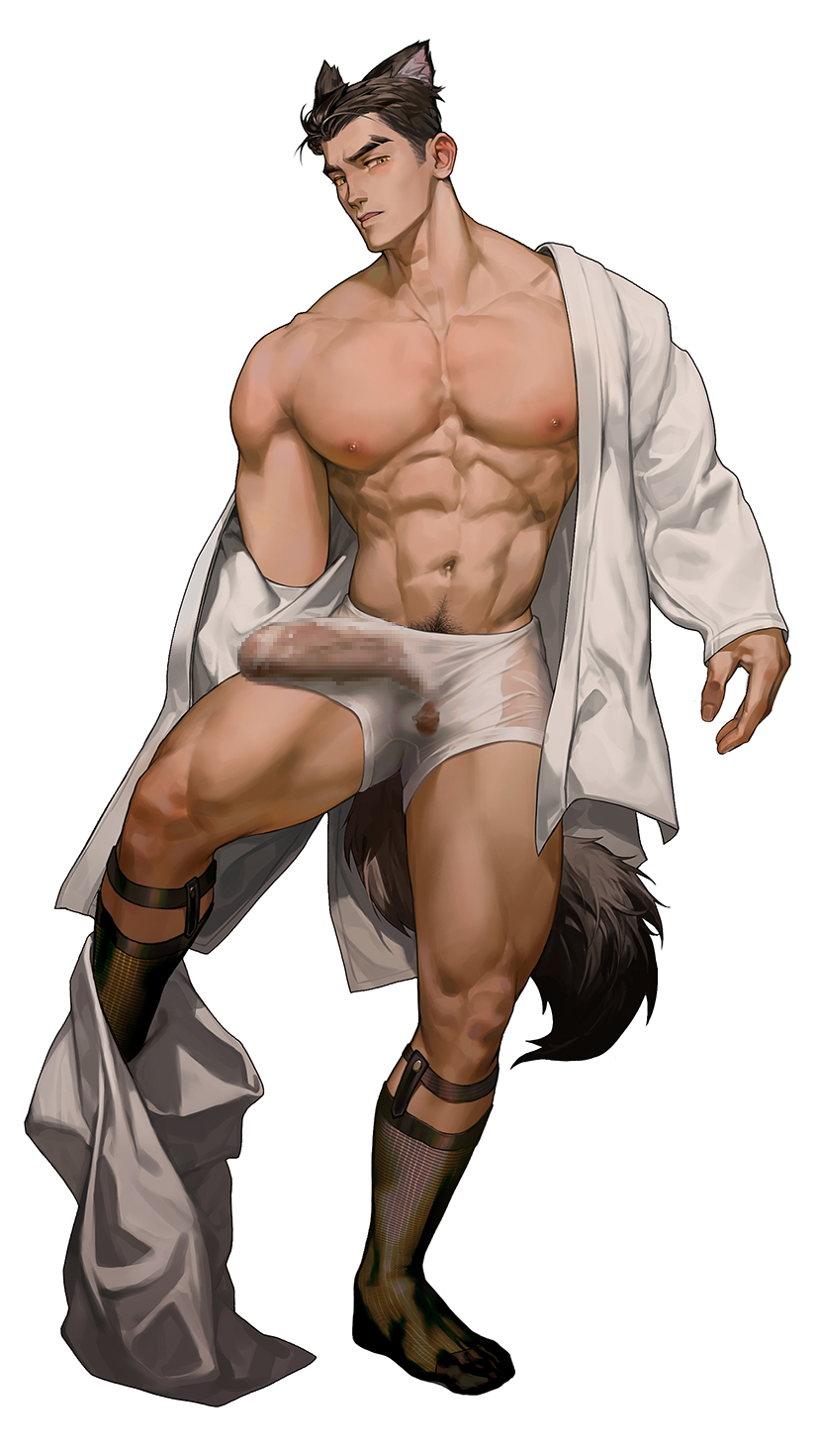 1boy abs animal_ears bangs_pinned_back black_hair black_socks boxers bulge clothes_pull down_jacket erection full_body grey_pants highres jacket jacket_pull large_penis legs legwear_garter looking_at_viewer male_focus male_underwear muscular nanyu1998 nipples original pants pants_around_one_leg parted_lips pectorals penis pubic_hair short_hair simple_background single_bare_shoulder socks solo tail testicles thighs underwear undressing wet wet_clothes wet_male_underwear white_jacket wolf_ears wolf_tail yellow_eyes