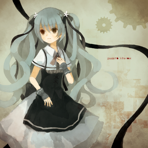 1girl black_eyes black_skirt brown_background character_request closed_mouth commentary_request dress english_text fingerless_gloves gears gloves grey_gloves grey_hair hair_ribbon long_hair mikanniro no_pupils ribbon romaji_text shirt shoujo_byou skirt solo standing suspender_skirt suspenders twintails very_long_hair white_shirt