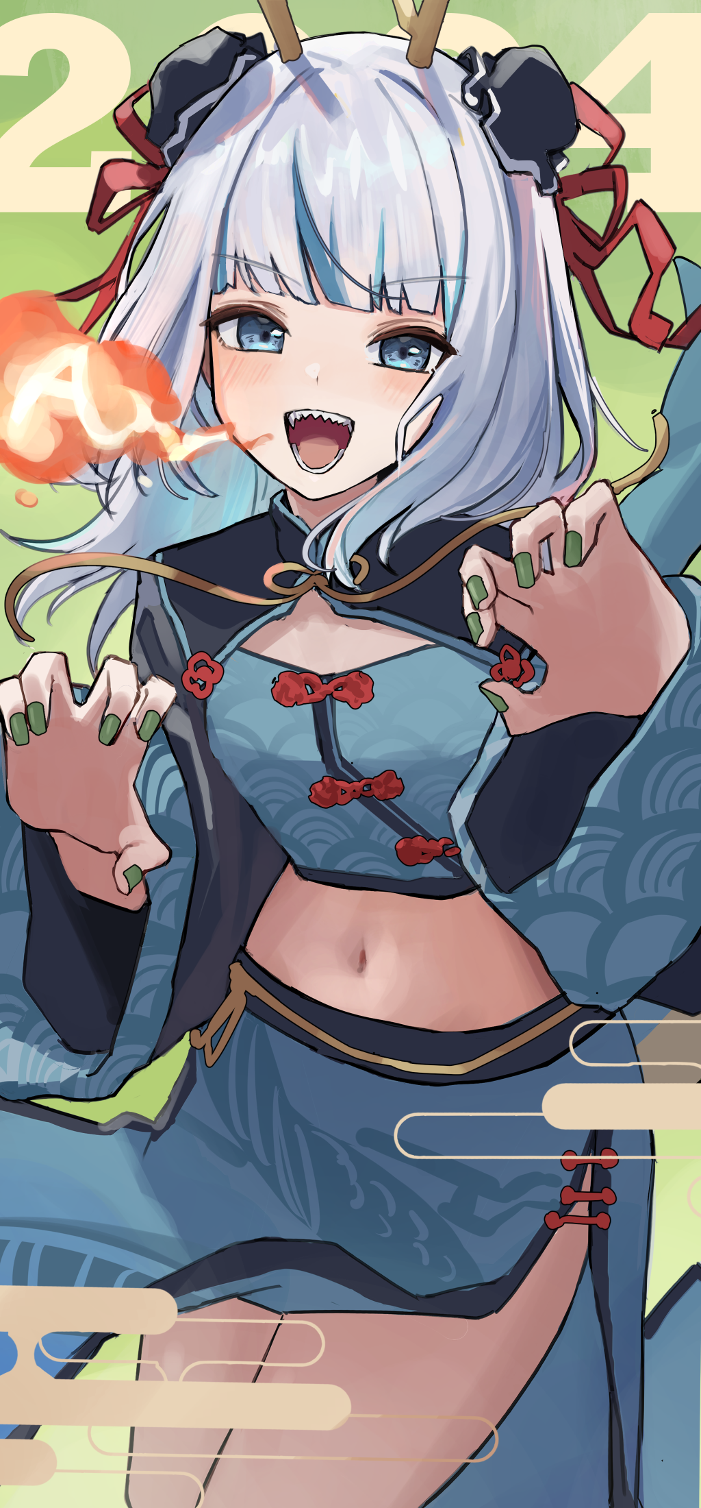 1girl 2024 3xens alternate_costume blue_eyes blue_hair blue_shirt blue_skirt breath_weapon breathing_fire bun_cover claw_pose commentary_request crop_top double_bun egasumi fingernails fire gawr_gura green_background green_nails hair_bun highres hololive hololive_english light_blue_hair long_sleeves looking_at_viewer medium_hair midriff multicolored_hair nail_polish navel open_mouth pelvic_curtain sharp_teeth shirt side_slit simple_background skirt smile solo stomach streaked_hair teeth virtual_youtuber wide_sleeves