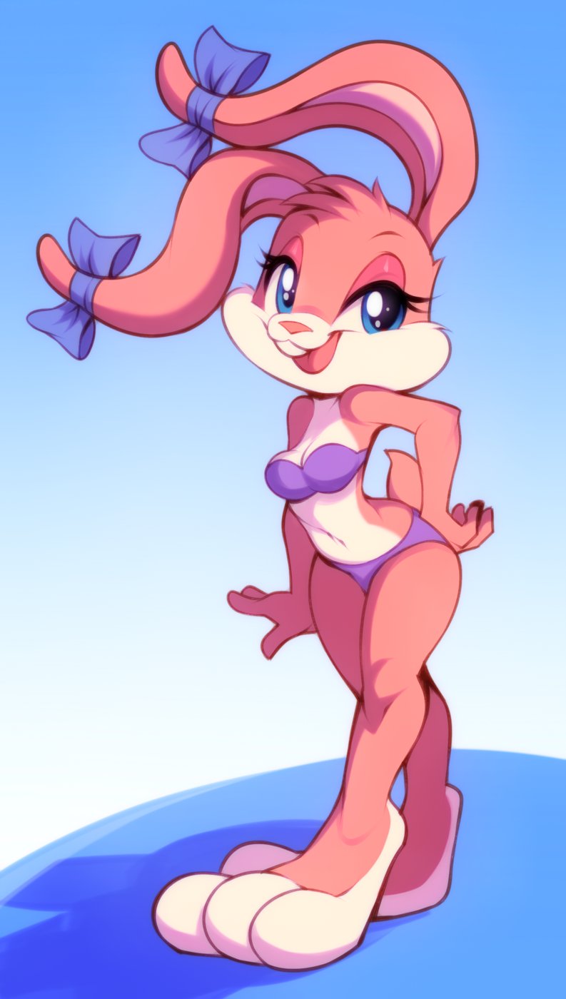 anthro babs_bunny barefoot blue_eyes buckteeth ear_bow eyelashes feet female hand_on_hip hi_res lagomorph leporid long_eyelashes mammal multicolored_body navel rabbit solo teeth tiny_toon_adventures two_tone_body warner_brothers wildblur