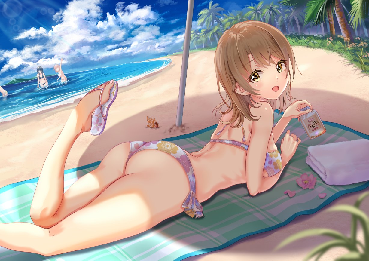 3girls arm_support ass ass_focus beach beach_towel beach_umbrella bikini blonde_hair bottle breasts day feet floral_print halterneck holding holding_bottle isshiki_iroha looking_at_viewer medium_breasts medium_hair multiple_girls nanashi_(74_nanashi) ocean open_mouth outdoors palm_tree print_bikini sandals side-tie_bikini_bottom solo_focus striped_towel swimsuit thighs towel tree umbrella yahari_ore_no_seishun_lovecome_wa_machigatteiru. yellow_eyes yuigahama_yui yukinoshita_yukino