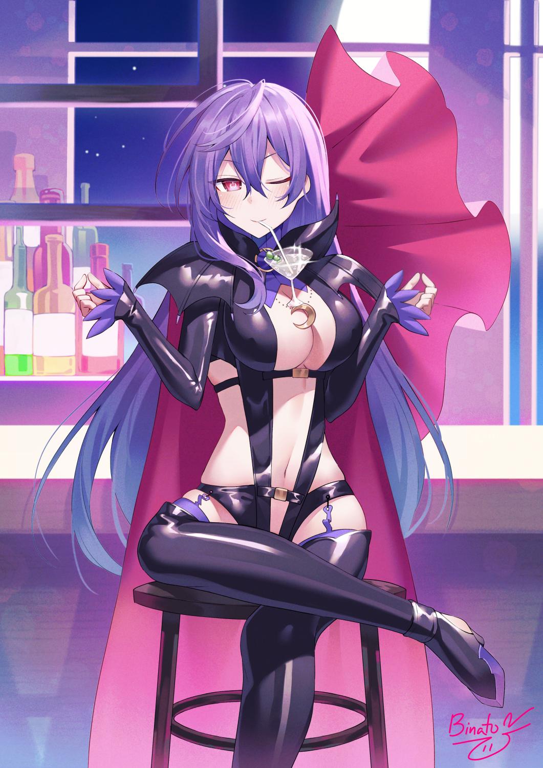 1girl bar_(place) bar_stool binato_lulu black_bodysuit black_footwear bodysuit boots bottle breasts bubble_tea_challenge cape cleavage commentary cosplay counter crescent crescent_necklace cup drinking_glass full_moon garter_straps glint hair_between_eyes highres indoors iris_heart jewelry large_breasts long_hair looking_at_viewer macross macross_frontier macross_frontier:_itsuwari_no_utahime moon navel necklace neptune_(series) night one_eye_closed power_symbol-shaped_pupils purple_hair red_cape shelf sheryl_nome sheryl_nome_(cosplay) sidelocks signature sitting smile solo stomach stool symbol-shaped_pupils thigh_boots window